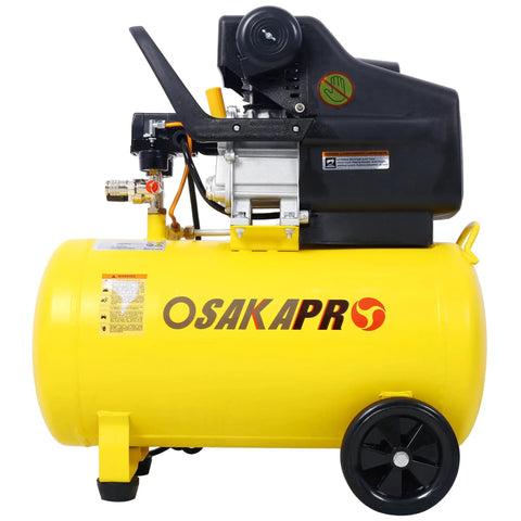 This Bad Boy 13 Gallon Air Compressor Is A Total Game Changer For Your Shop! With 45HP Power And Oil Lubricated Guts, It Cranked Out Heavy Duty PSI Like Nobody's Business. Side view of yellow 13-gallon air compressor with black motor.