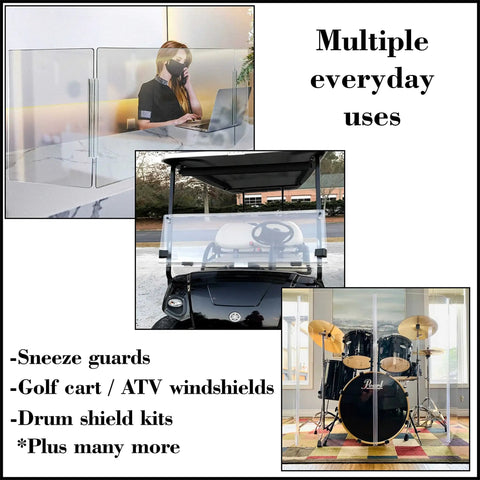 Heavy Duty Clear PVC Hinge System For Acrylic And Plexiglass Panels Seventy Two Inch Four Pack used as golf cart windshield and for sneeze guards.