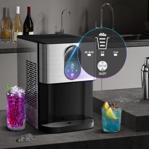 Countertop Nugget Ice Maker With 44 Lbs Per Day Output, Self Cleaning, One Touch Operation, 2.4L Water Tank, Fast Freeze Pebble Ice, Compact Pellet Ice Machine For Home And Kitchen, Silver on a kitchen counter with two drinks