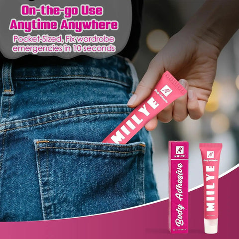 All Day Sweat Proof Body Adhesive for Clothes in pocket-sized tube for strong hold and water wash off, keeps items in place.