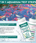 Pro 7 Way Aquarium Test Strip Kit Includes 125 Green Strips with bottles in front of colorful koi fish pond.
