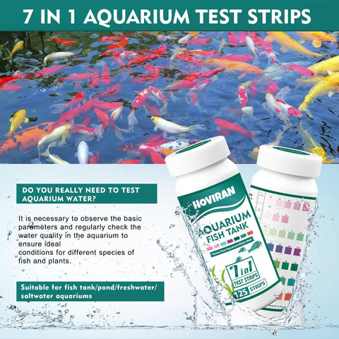 Pro 7 Way Aquarium Test Strip Kit Includes 125 Green Strips with bottles in front of colorful koi fish pond.
