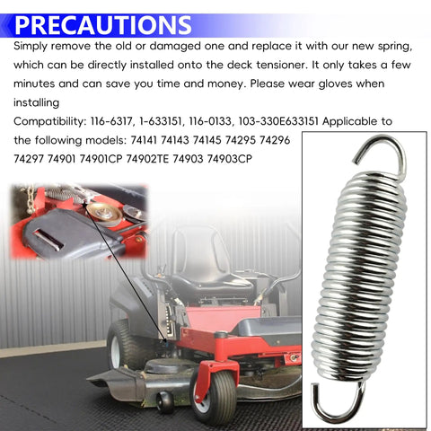 Extension Spring Replacement Kit For Lawn Mower, Fits Toro Parts 116-6317, 103-3330, showing spring and installation on mower