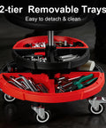 Rolling Mechanic Garage Stool With Modular Removable Tool Tray featuring dual trays filled with tools, shown on easy glide wheels.