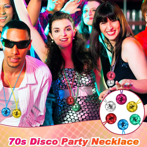 Group wearing Disco Ball Necklaces 42 Pcs Multicolor Party Chain Set for 70s Disco Theme Halloween Christmas Xmas Home Decor.