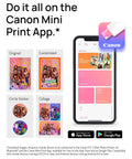 Ivy 2 Mini Photo Printer For IPhone And Android Zero Ink ZINK Tech Print Sticky Back Photos Directly From Your Smartphone On The Go No Ink Needed Quick Colorful Prints In Pure White Finish displayed on Canon Mini Print App interface.