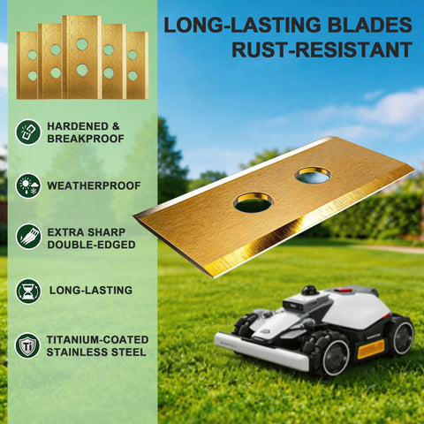 Top Shelf Titanium Coated Replacement Blades For Robotic Lawn Mowers Universal Fit For Luba And Yuka Models Includes Safety Screws And Storage Box For Smooth Stress Free Cutting - sharp double-edged blade on green grass.