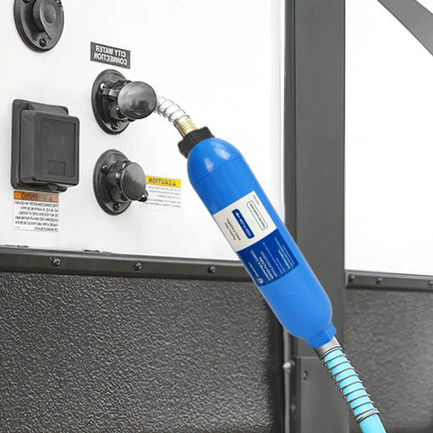 Four Pack RV Inline Water Filter Kit With Hose Protectors uses advanced GAC and KDF media at a water connection point.