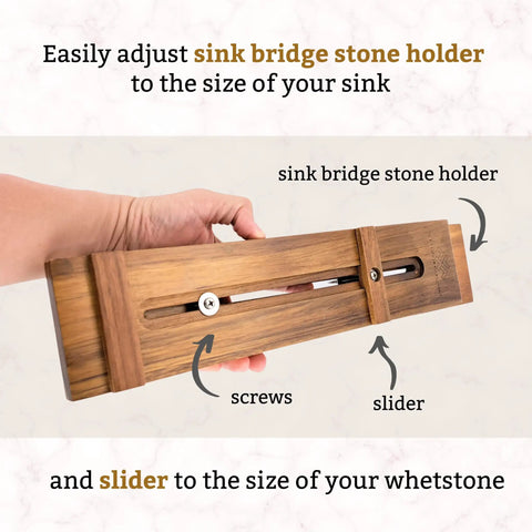 Sink Mounted Whetstone Holder For Easy Knife Sharpening No Mess Over The Sink, Warm Acacia Wood Design, adjustable setup shown