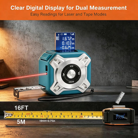 Hella Reliable Zero Hassle Two In One Laser Tape Measure With 131 Foot Laser Distance Meter And 16 Foot Retractable Steel Measuring Tape Usb C Rechargeable Backlit Lcd Display For Fast Work, digital display and laser in use.