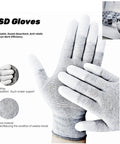 Hands wearing gray ESD gloves with carbon fiber material, featuring breathable and anti-static properties, touch screen compatible.