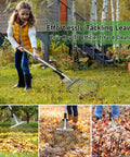 A person using a 68 Inch Metal Rake With Adjustable Handle Built For Heavy Duty Leaf Cleanup And Thatch Removal in a garden scene.