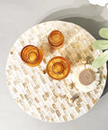 Heavy Duty 12 Inch Turntable With Silky Smooth 360 Spin And Shimmering Mother Of Pearl Detailing On A Luxe Champagne Gold Base with amber glassware.