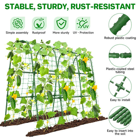 U Shaped Garden Trellis For Raised Beds Outdoor Climbing Plants, Built Tough Metal Arch Support For Tomatoes Peppers Cucumbers Peas Zucchini, Improves Airflow And Sunlight, 47.2In L By 30In W By 47.2In H, shown with plants climbing.