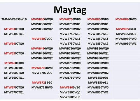 Maytag model number list image showcasing various washing machine identifiers for reference.
