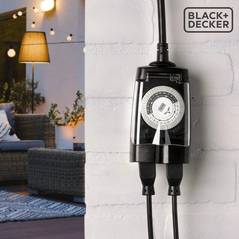 Waterproof Outdoor Plug Timer With Dual Grounded Outlets, Analog Clock Schedule Controller, Straight Up Weatherproof Build, Hella Easy Setup For Garden Lighting, 2 Pack Bundle mounted on wall.
