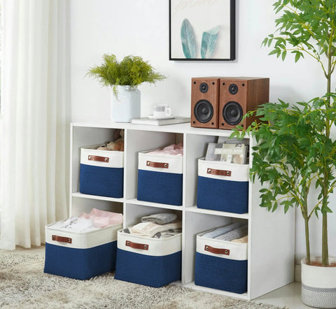 Tough As Nails Heavy Duty Fabric Storage Bins With Reinforced Metal Frame And Faux Leather Handles, Large Closet Organizers Making Shelves A Total Game Changer, 3 Pack For Quick Cleanup in navy used for organizing shelves.