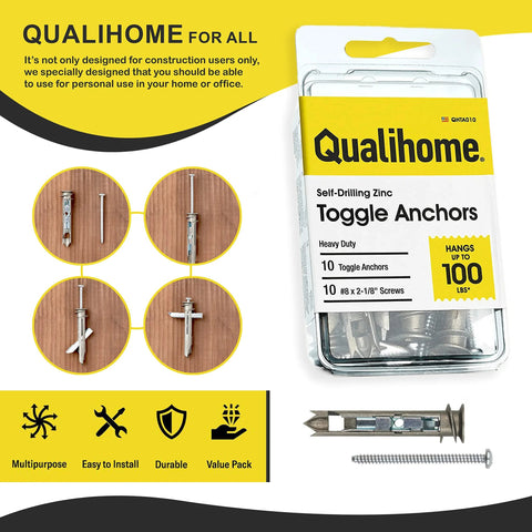 Packaging and contents of Self-Drilling Drywall Anchors And Screws Kit With Toggle Anchors And Zinc Plated Screws displayed.