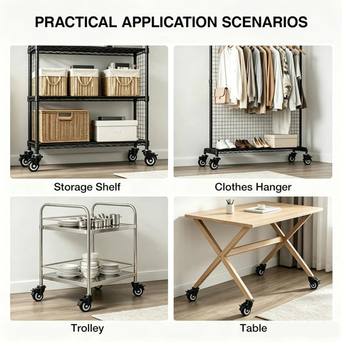 Heavy Duty Pvc Caster Wheels Smooth Rollin Two Inch Thick With 360 Swivel And Locking Brake on storage shelf, clothes hanger, trolley, and table.