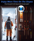Ditch The Clutter With This Heavy Duty Ski And Snowboard Wall Rack For Garage Space Saving Storage Holds Six Boards Securely With Nonslip Soft Rubber Pads Keeps Your Winter Rides Grab And Go Ready near an open door.
