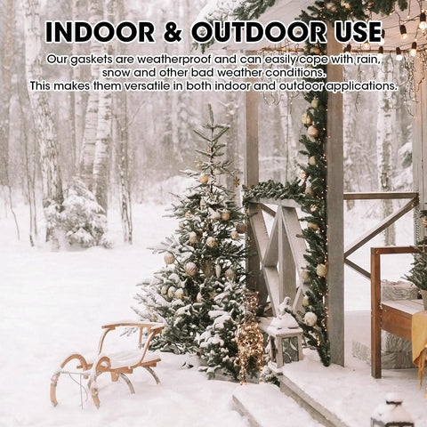 Snowy outdoor scene with a decorated porch featuring Christmas trees and snow-covered furniture.
