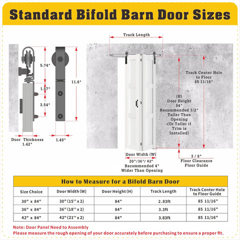 Image showing standard sizes for Premium Three Panel Bifold Barn Door With Heavy Duty Sliding Hardware Set and measurements.