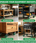 Heavy Duty Six Inch Stem Caster Wheels Delivering A Rock Solid Three Thousand Pound Capacity Dual Swivel Rollers mounted on workbenches.