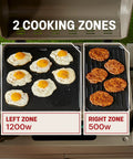 Heavy Duty Rolling Outdoor Kitchen Island Cart With Electric Griddle And Portable Bbq Grill with eggs and sausages cooking on 2 zones.