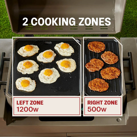 Heavy Duty Rolling Outdoor Kitchen Island Cart With Electric Griddle And Portable Bbq Grill with eggs and sausages cooking on 2 zones.
