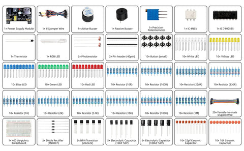 Hella Sweet 298 Piece Electronics Starter Kit With Breadboard Compatible With Arduino And Raspberry Pi Featuring Rad Components such as LEDs, resistors, and capacitors.