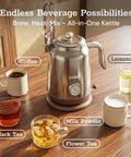 1.7L Large Electric Kettle With Thermometer, 1200W Fast Boil, auto shut-off, 304 stainless steel, chrome finish on table with drinks