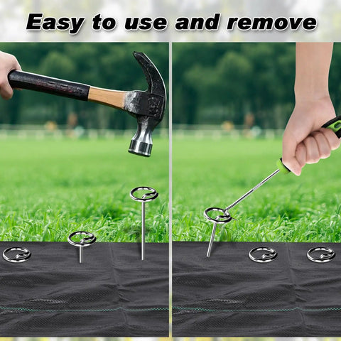 Heavy Duty Landscape Staples 120 Pack 8 Gauge 6 Inch Galvanized Garden Stakes Sod Pins For Plant Cover Tent Weed Barrier Fabric Turf And Outdoor Decor being hammered and removed from a fabric surface.