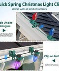 100Pcs Self Locking Heavy Duty Christmas Light Clips For C7 C9 Mini Lights Fits E12 And E17 Bases Easy Install For Gutter Shingle Metal Roof Fence Railing And Holiday Decor shown installed with lights on shingle and gutter