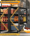 Industrial Grade Premium Badass Heavy Hitting Tough As Nails Metal Shelving Unit With Adjustable Black Steel Decks for Workshop Tools Equipment and Bulk Storage showing reinforced structure.