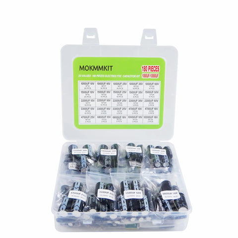Heavy Duty Aluminum Electrolytic Capacitor Kit Featuring A 25 Value Assortment Spanning 1000Uf To 10000Uf With 10V 16V 25V 35V 50V Ratings inside storage case.