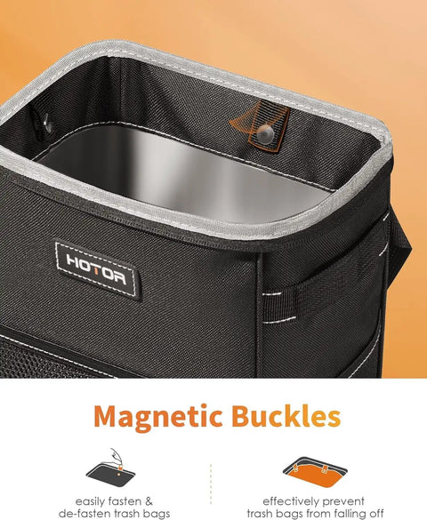 Collapsible Car Trash Bag With Adjustable Headrest Strap, showing magnetic buckles and inner liner for easy bag attachment.