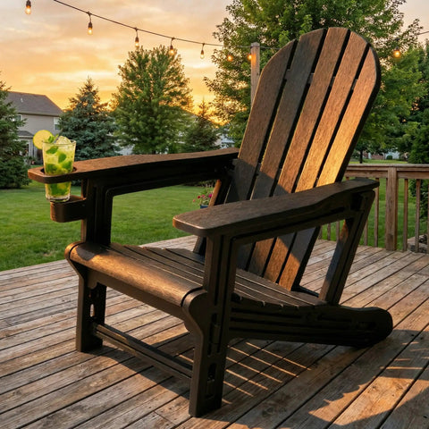 All Weather HDPE Adirondack Chair With Built In Cup Holder Tool Free No Screws Needed No Hassle Easy To Take Apart For Storage Wood Grain Slatted Look Snap Fit Design For Quick Assembly Classic Black Outdoor Patio Chair on wooden deck at sunset.