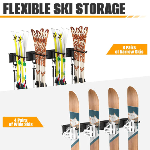 Sick Wall Mounted Ski Storage Rack That Handles 8 Pairs And Keeps Your Garage Clean With Dedicated Space For Snowboards Ski Poles And Helmets Helps You Keep Shredding Season A Total Breeze Without The Clutter showing narrow and wide skis.