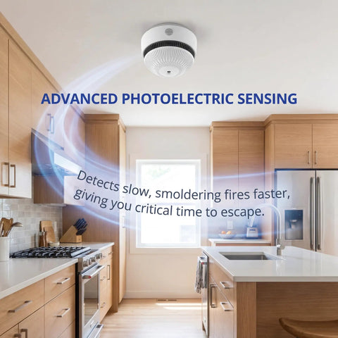 Set It And Forget It Peace Of Mind With This 10 Year Photoelectric Smoke Detector mounted in a modern kitchen for fire safety.