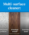 Three types of surfaces: laminated, finished wood, stainless steel, suitable for EcoClean Disinfecting Wipes Multipurpose Plant Based Formula
