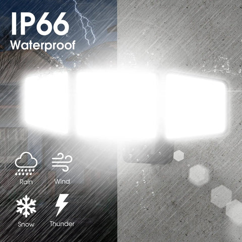 Beast Mode 120W LED Flood Lights Outdoor 12000 Lumens IP66 Waterproof Security Light showing bright illumination in rain.