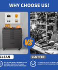 Tough As Nails 30 Inch Tool Storage Cabinet Featuring Heavy Duty Steel Build And Roll Smooth Lockdown Casters For Effortless Mobile Workshop Organization In Black next to cluttered workspace comparing organization.