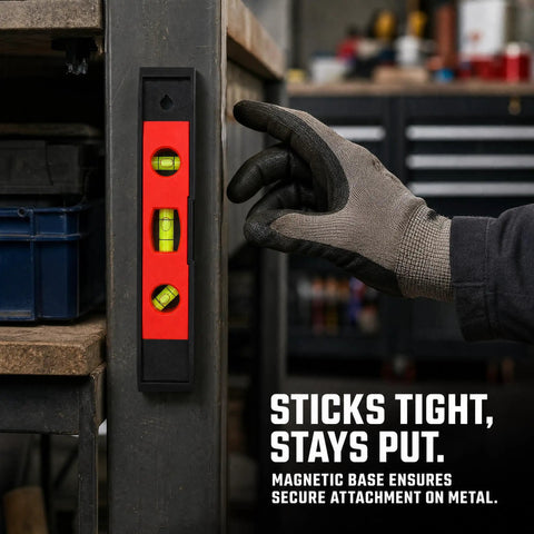 Spirit Level, New Yellow Level 23CM with magnetic base held against metal surface for secure attachment.