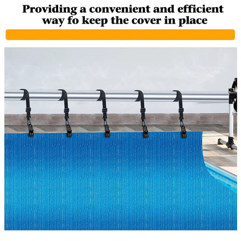 Upgraded Pool Solar Cover Reel Strap And Clip Kit Featuring Serrated Teeth Clamps securing a blue solar cover on a reel.