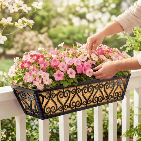 Two Pack 24 Inch Deck Railing Planter Box With Adjustable Brackets And Coco Liners Weatherproof Metal Construction with flowers