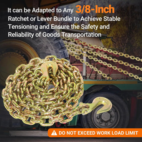 Three Eighths Inch Grade 80 Heavy Duty Binder Chain With Grab Hooks Ten Foot Long 7,100 Lbs Safe Working Load