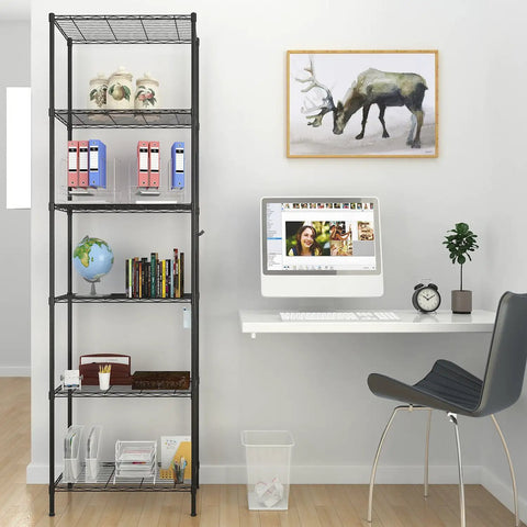 Two Pack Six Tier Heavy Duty Wire Shelving Unit With Adjustable Leveling Feet And Corrosion Resistant Hooks, Built Like A Tank For Garage Clutter Fixes, This Super Sturdy Free Standing Storage Rack Handles Massive Loads Easily in a modern office setup.