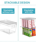 Six Pack Clear Stackable Storage Bins With Secure Lids And Sturdy Handles Medium Size Straight Up Essentials For Pantry Kitchen Cabinet Closets Keeping Your Stuff Neat And Totally Fresh, showcasing stackable design with and without lids.