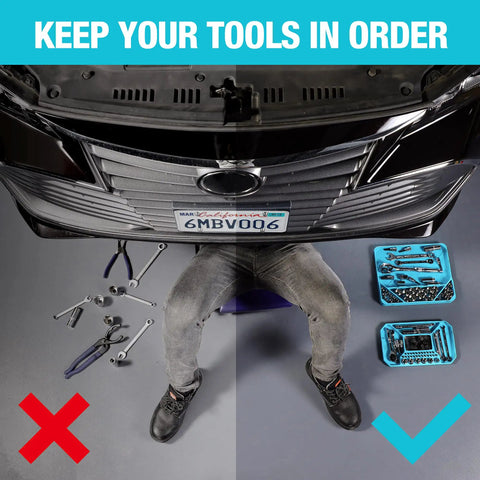 Split image showing disorganized tools on the left and organized tools in a 2-Piece Silicone Tool Tray Set on the right under a car bumper.