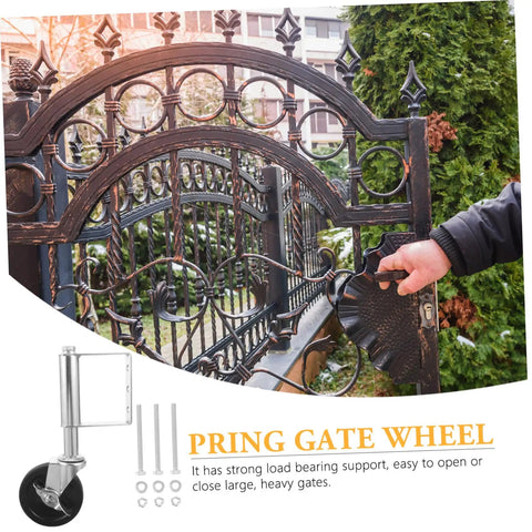Badass Heavy Duty Spring Loaded Gate Caster Acts As Shock Absorber Over Uneven Terrain Rolls Sweet Smooth, mounted on a decorative gate.